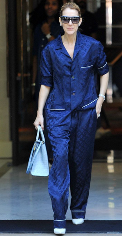 Celina Dion in Louis Vuitton dark blue two piece set in Louis Vuitton suit