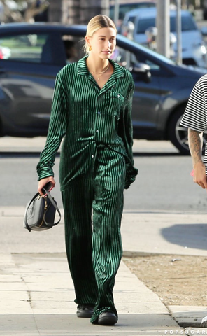 Hailey Bieber green pyjama set 