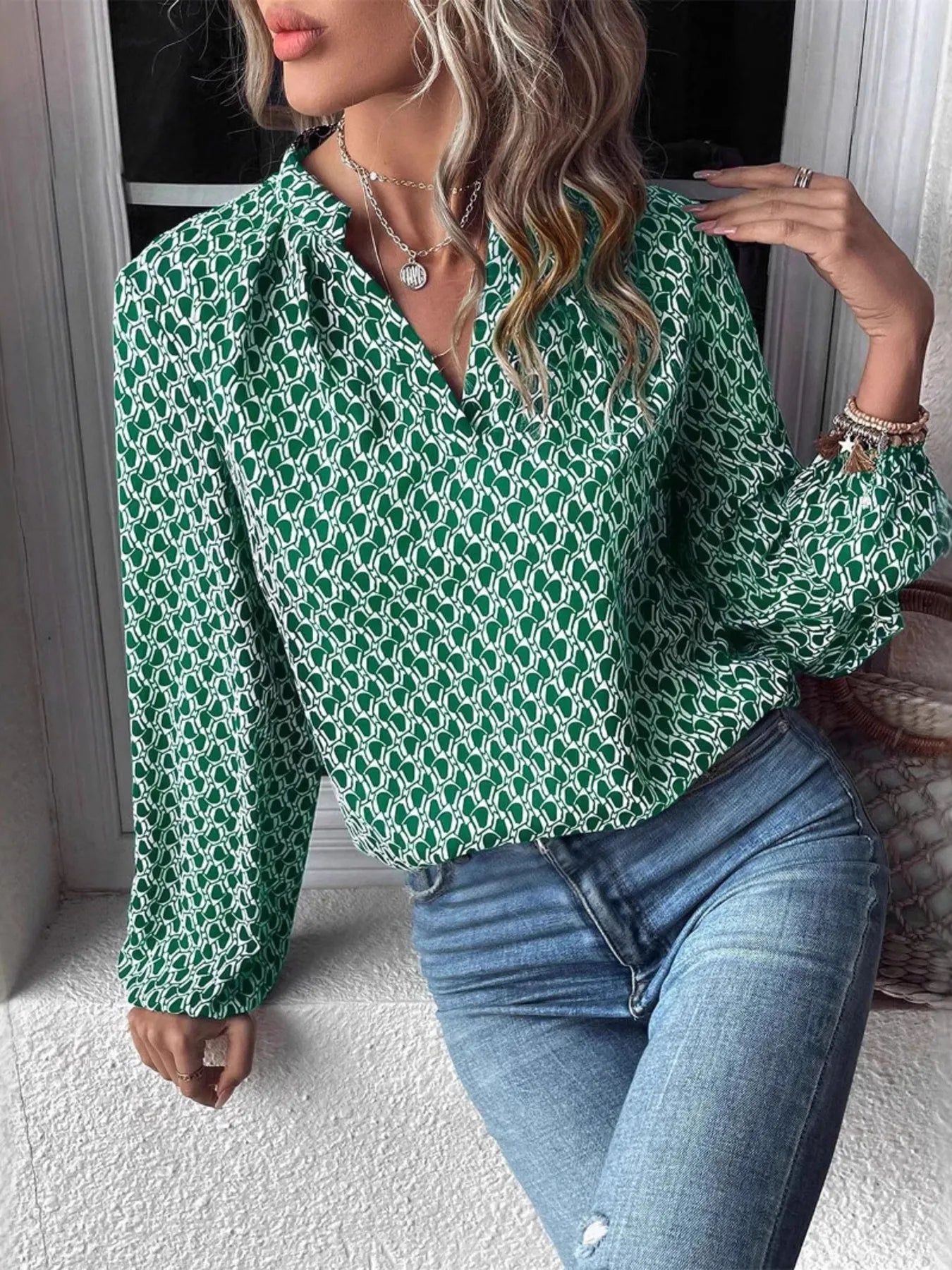 Printed Notched Long Sleeve Blouse