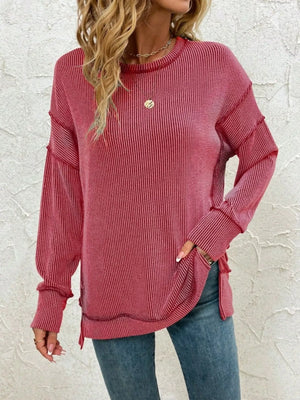 Side Slit Round Neck Dropped Shoulder Sweatshirt - Posh Novi