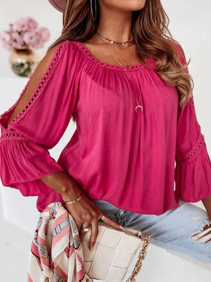 4369-Lace Crochet Cut-Out Bracelet Sleeve Ruffle Blouse - Boho Luv Boutique
