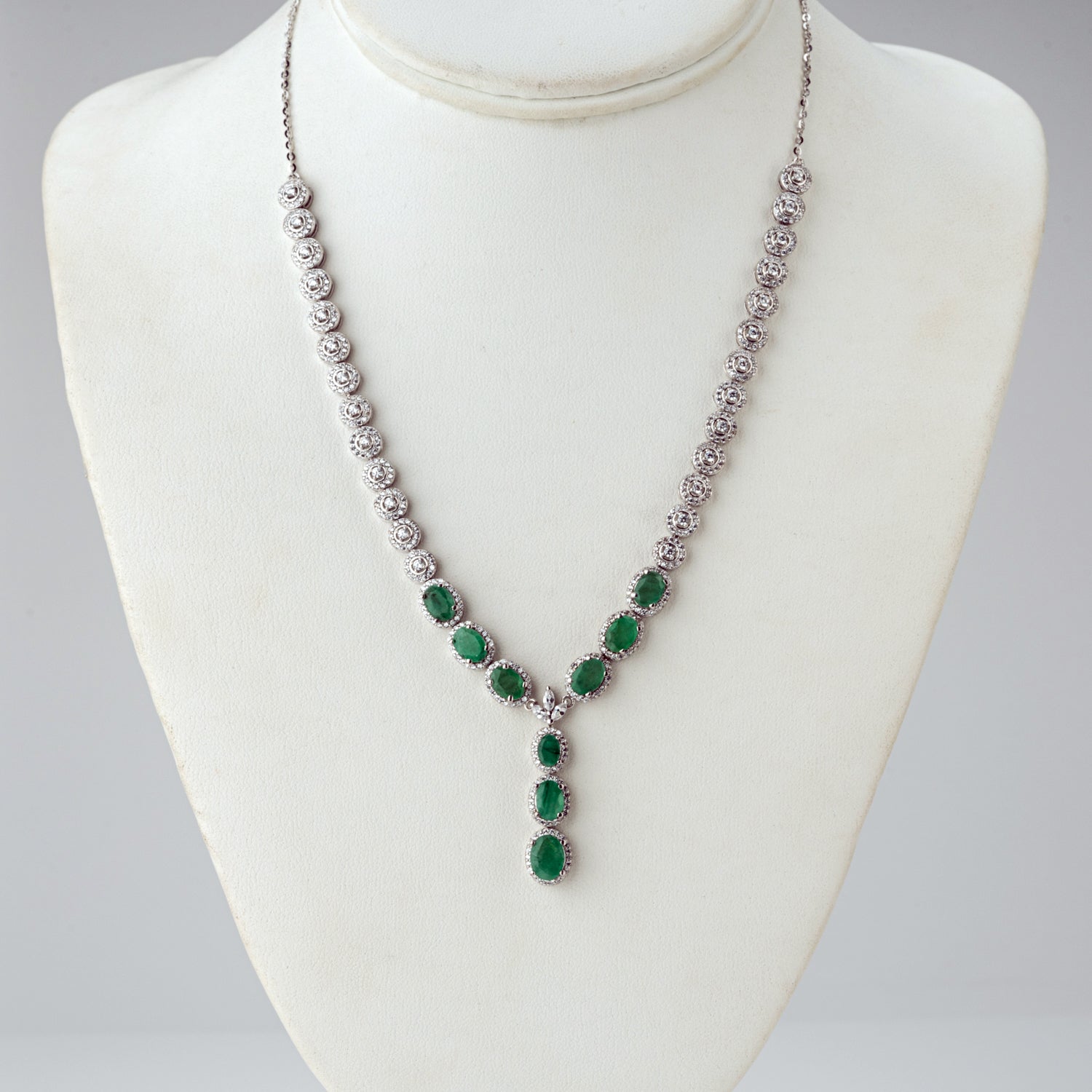 Emerald 8x6mm with Cz 14k White Gold Plated Sterling Silver 18 inch Necklace