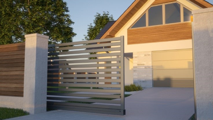 Modern house with a half open automatic sliding gate