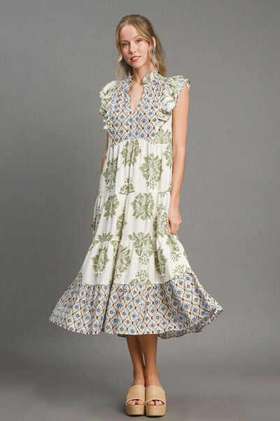 Umgee Full Size Mixed Print Ruffle Cap Sleeve Midi Dress Plus Size
