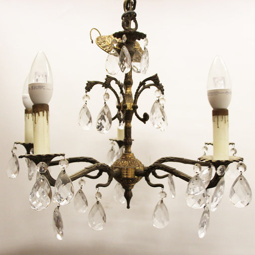 Vintage Petite Spanish Ornate Brass Crystal 5 Light 1940s Chandelier 16w x  15t