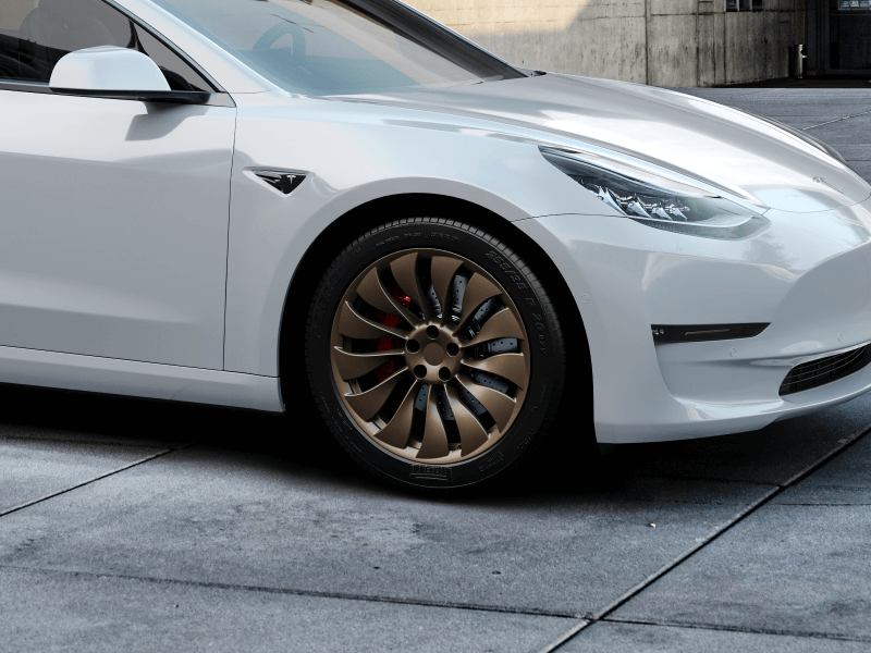 19″ ENTERPRISE Fully-Forged Wheel for Tesla Model 3 - Borealis Bronze custom aftermarket wheel on a white Tesla Model 3