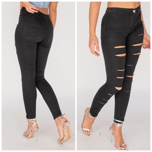 High Waisted Extreme Ripped Skinny Jeans Black 