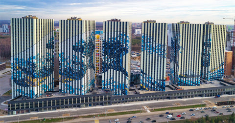 Buildings painted with The Great Wave off Kanagawa