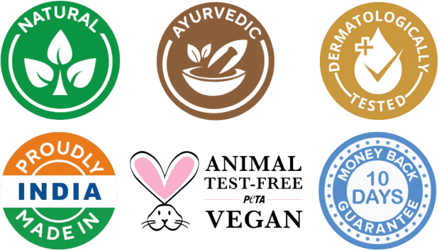 Visual of product badges conveying key information: 'Natural Ingredients,' 'Dermatologically Tested,' '100% Ayurvedic,' 'Proudly Made in India,' 'No Chemicals,' '10-Day Money Back Guarantee,' and 'Animal Test Free.' These badges provide various assurances about the product's quality and attributes.