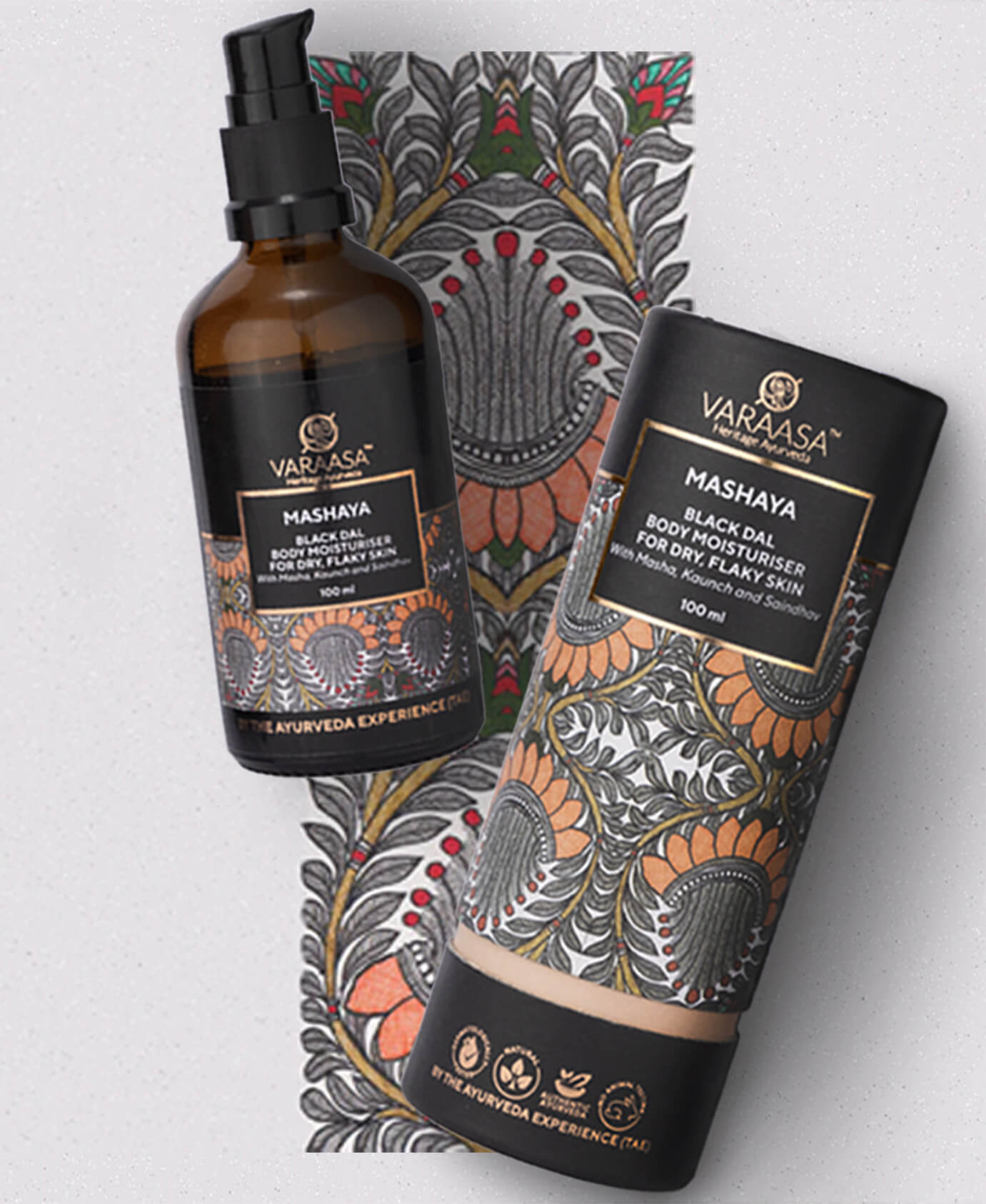 Image showcasing the exquisite packaging of Mashaya Black Dal Body Moisturiser. The packaging design features intricate artwork and vibrant colors, enhancing the visual appeal of the product.