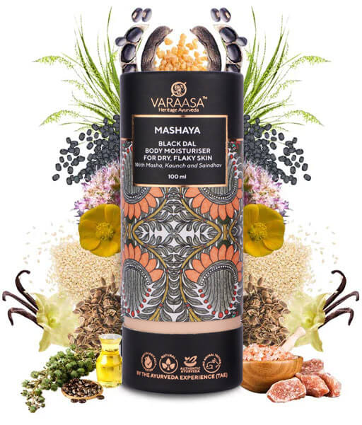 Image featuring a Mashaya Black Dal Body Moisturiser prominently displaying all its ingredients.