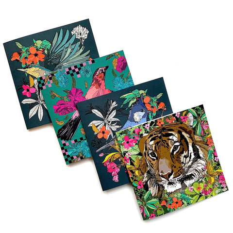 handmade cards UK, greeting cards, tiger greeting card, bird card, hand illustrated cards