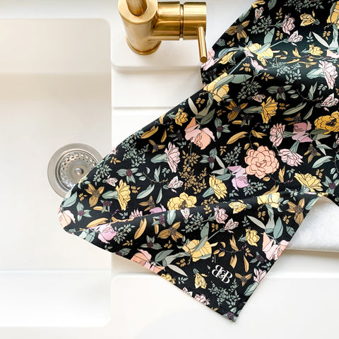 beautiful floral tea towel for a black or grey kitchen, luxury kitchen accessories, handmade in the UK