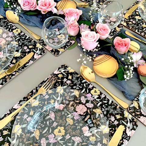 black dining table, dining table decor, floral placemats, contemporary placemat