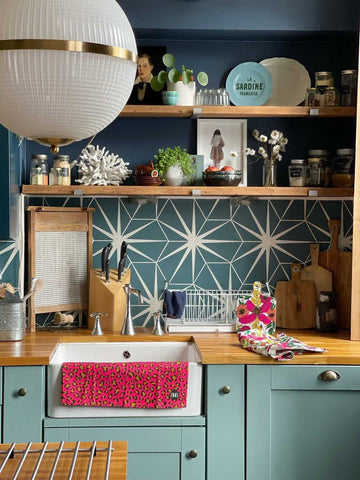 mosaic kitchen tile splash back - the girl with the green sofa blog, colourful green shaker kitchen. Textiles and chopping board by Bean and Bemble
