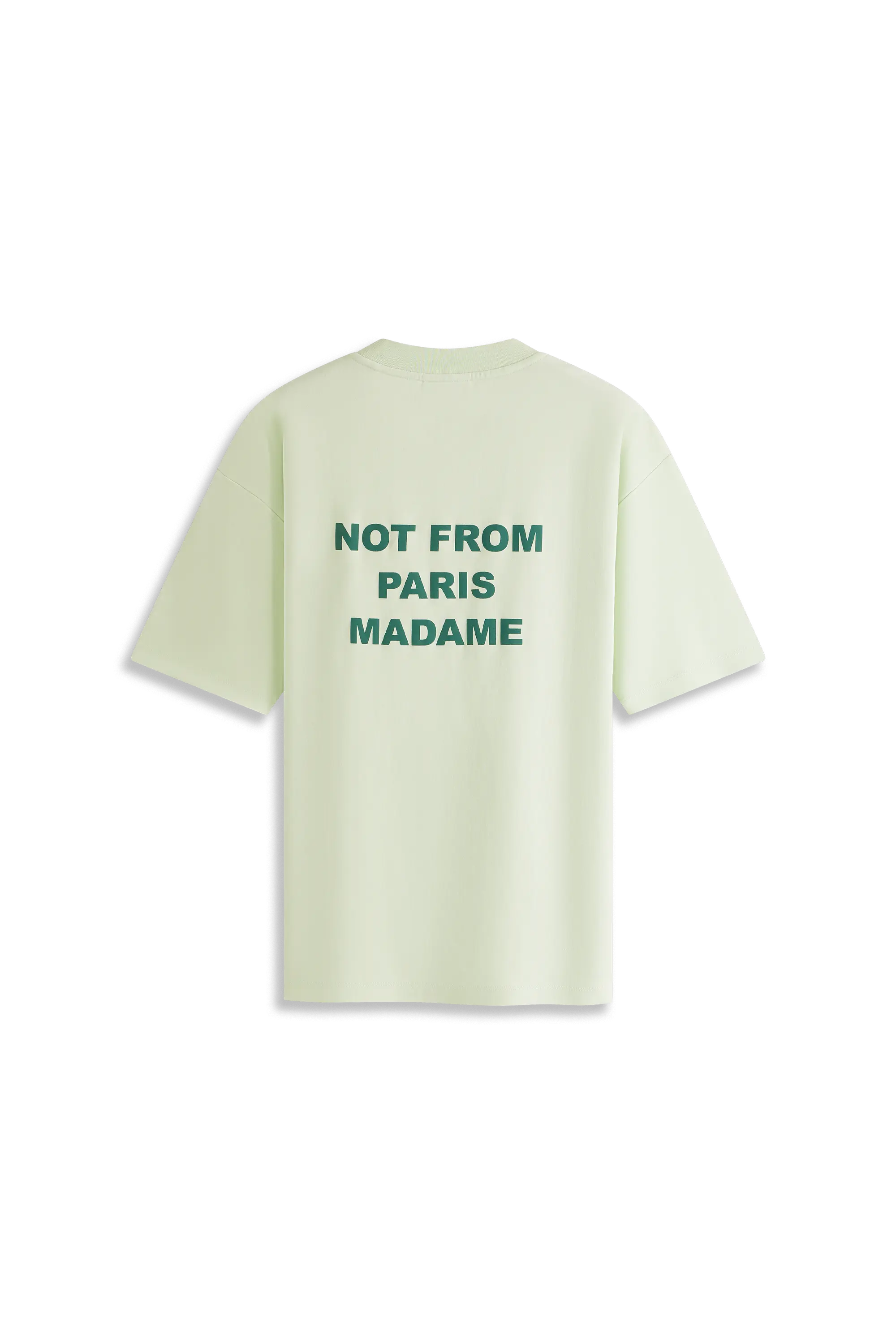 green drôle de monsieur t shirt with text that reads no from paris madame
