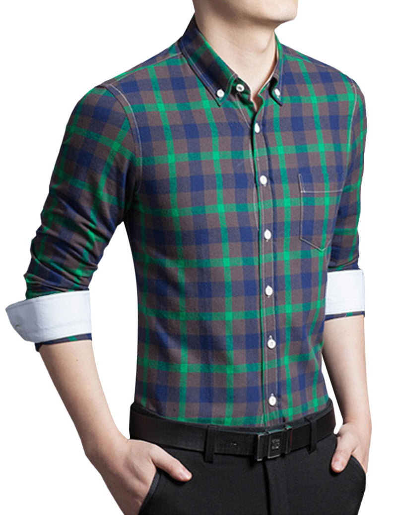 Young Horse Men's Spring Contrast Plaid Long Sleeve Button-down Shirt Green 5XL