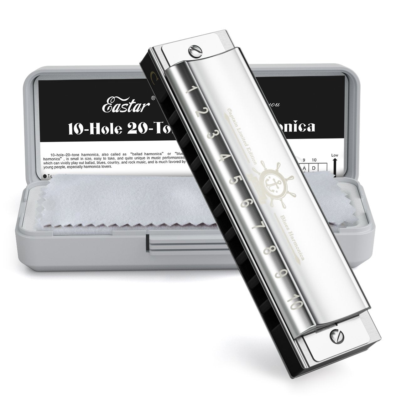 

Eastar C-Key 10 Holes Harmonica for Beginners/Adults/Kids with Hard Case/Cleaning Cloth/Silver