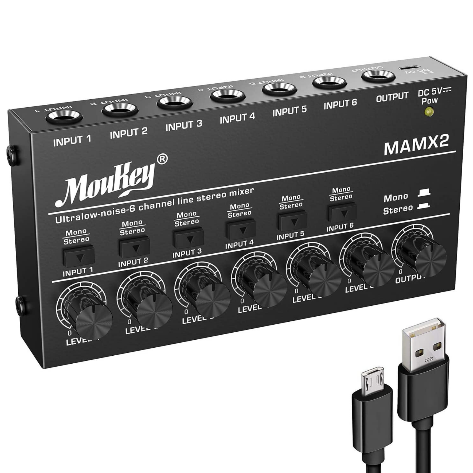 

Moukey 6-stereo Mini Audio Mixer, Ultra-low-noise 6-channel Line Mixer for Submixing, DC 5V Mixer with USB Cable