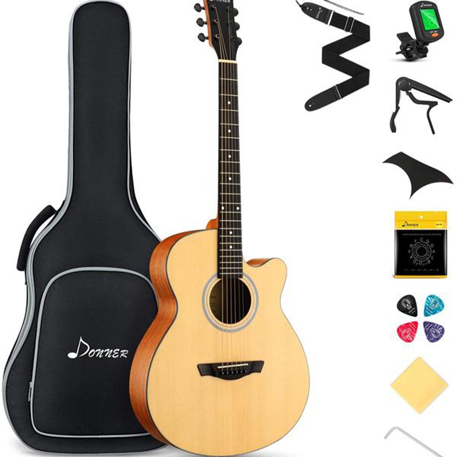 

Donner Acoustic Guitar for Beginner Adult Mini Jumbo Cutaway Full Size 40 inch Acustica Guitarra Bundle Kit For Student Teen with Gig Bag Tuner Capo Truss Rod Pickguard String Strap DAJ-110C