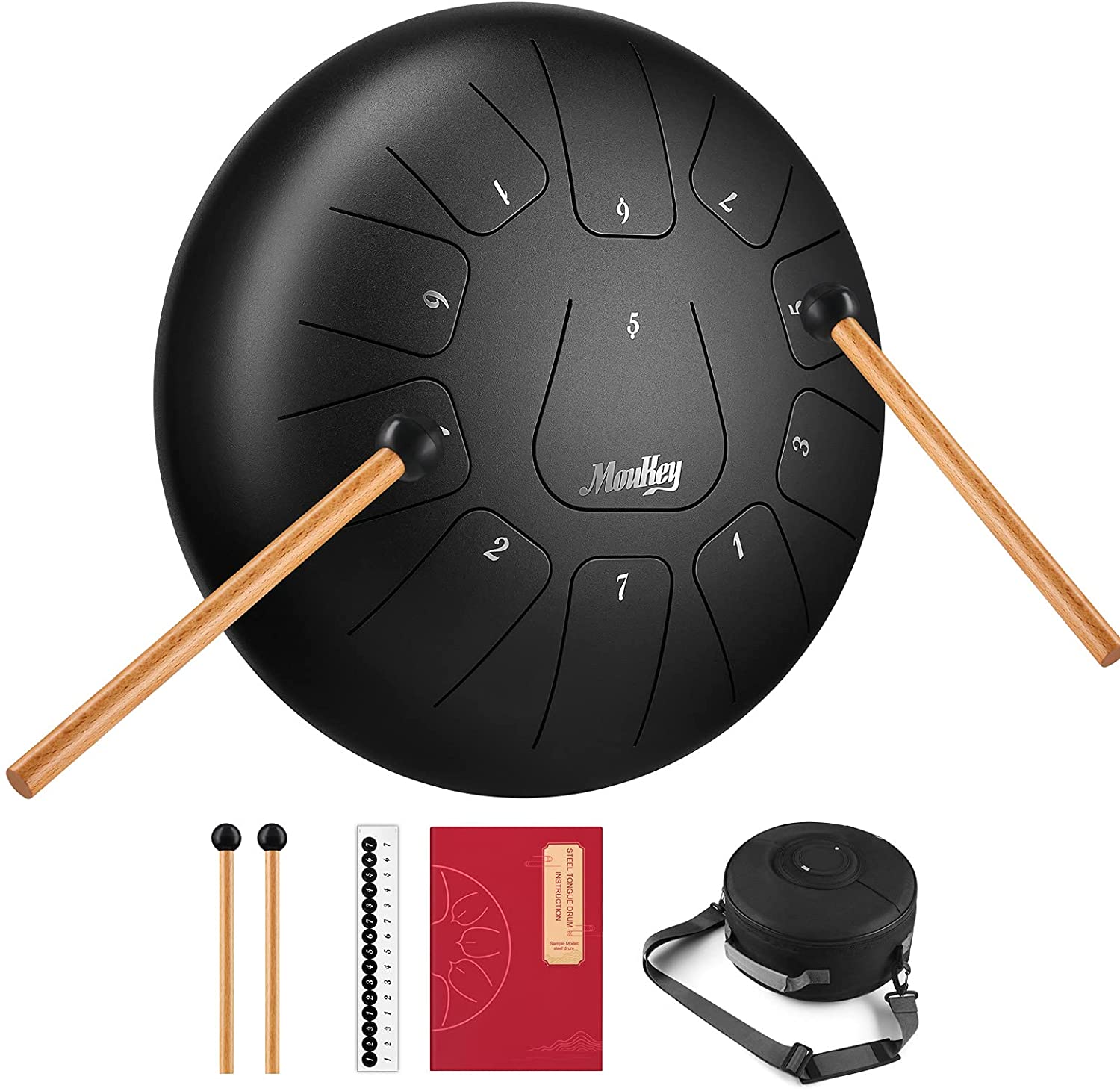 

Moukey 11 Notes Tongue Drum 10 inch/Portable Handpan/C Major Steel Tongue Drum/Calm Drum with Drumsticks/Stylish Travel Bag/Tone Sticker and Music Book