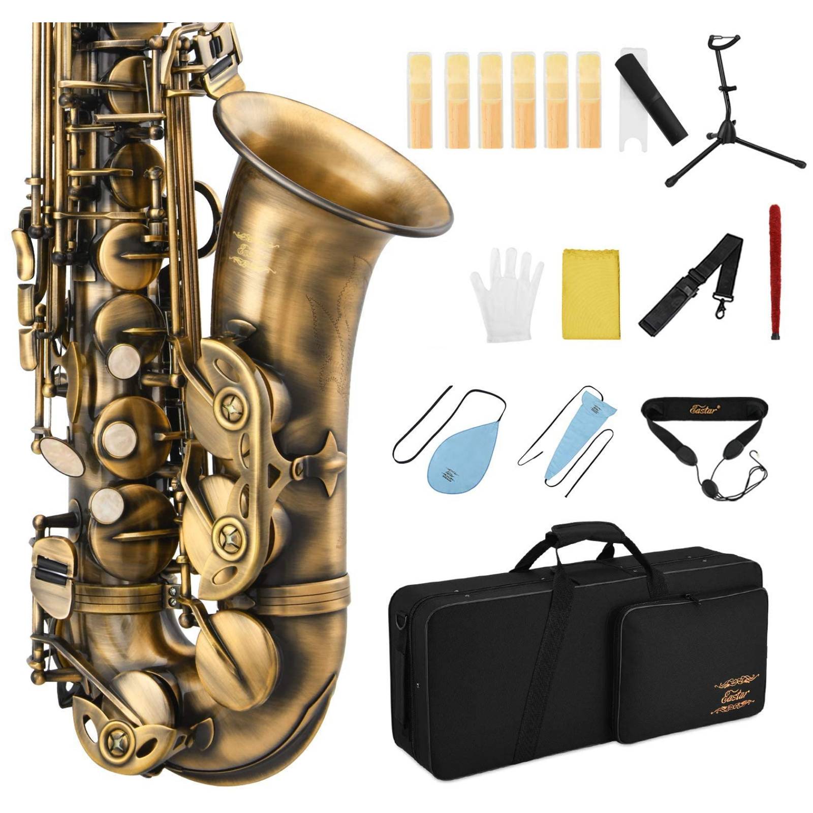 

Eastar AS-Ⅱ-Ab Alto Saxophone E Flat Vintage Full Kit with Carrying Case/Mouthpiece Straps Reeds/Stand /Cork Grease Cleaning Brush