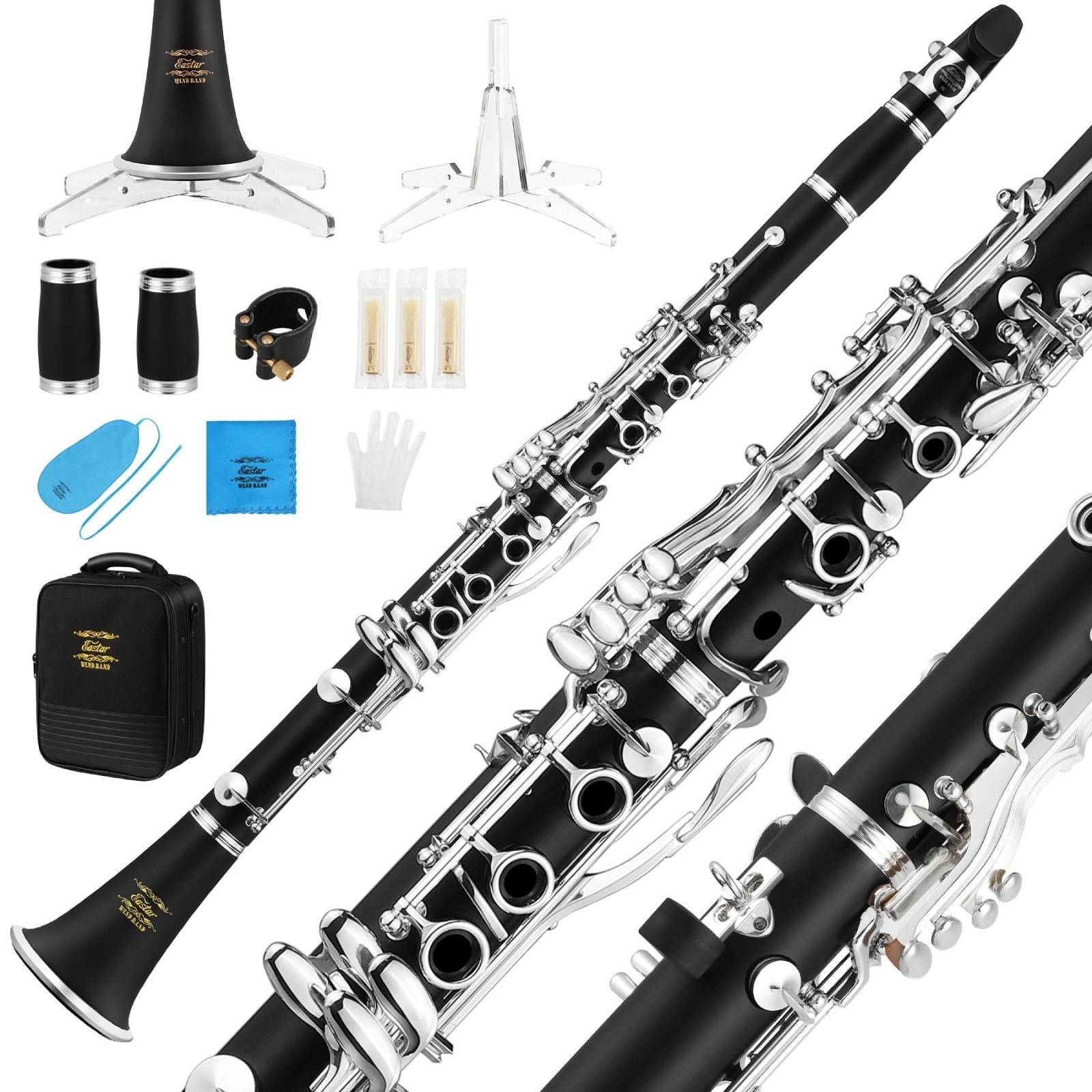 

Eastar ECL-400 B-Flat Professional Clarinet for Intermediate with 4C Mouthpiece/3-Pack Practice Reeds 2.5"/Nylon Hard Case/Cleaning Kit/Clarinet Stand