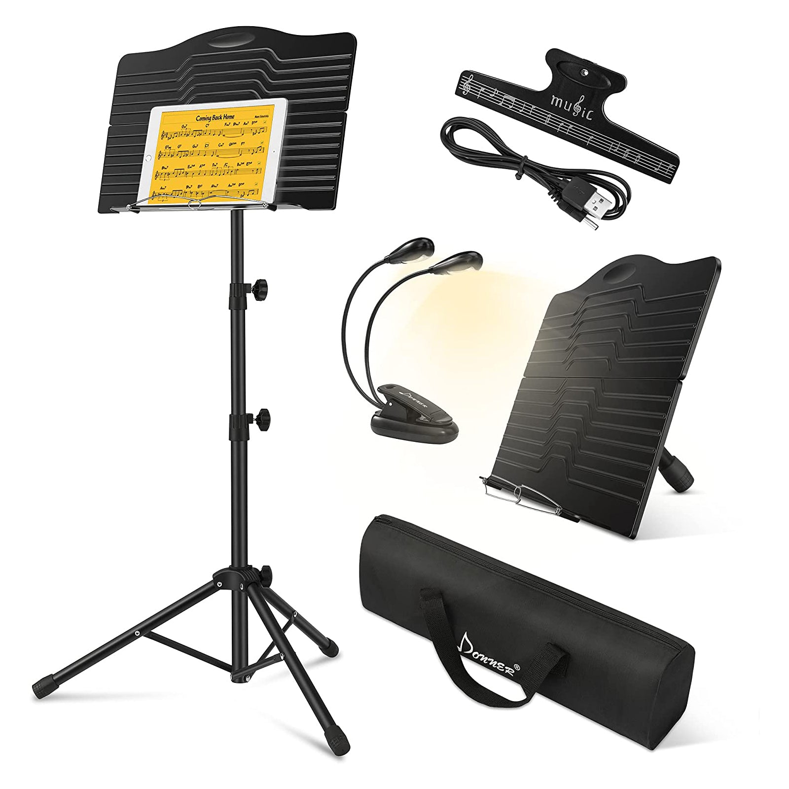 

Donner Sheet Music Stand with Light, DMS-1 Portable Metal Ipad Music Stand, Tabletop Music Book Stand for Guitar, Ukulele, Violin Players