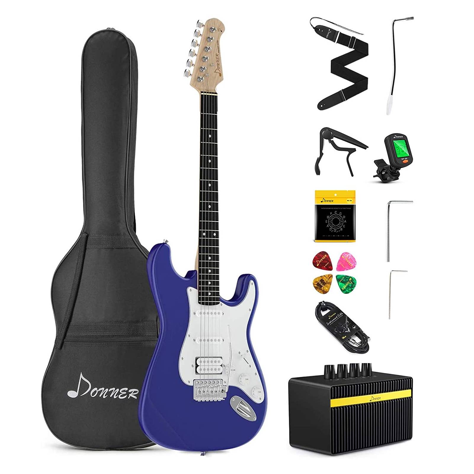 

Donner DST-102L 39 Inch Electric Guitar Beginner Kit Solid Body Purple Full Size Sapphire Blue HSS Pick Up for Starter, with Amplifier, Bag, Digital Tuner, Capo, Strap, String,Cable, Picks