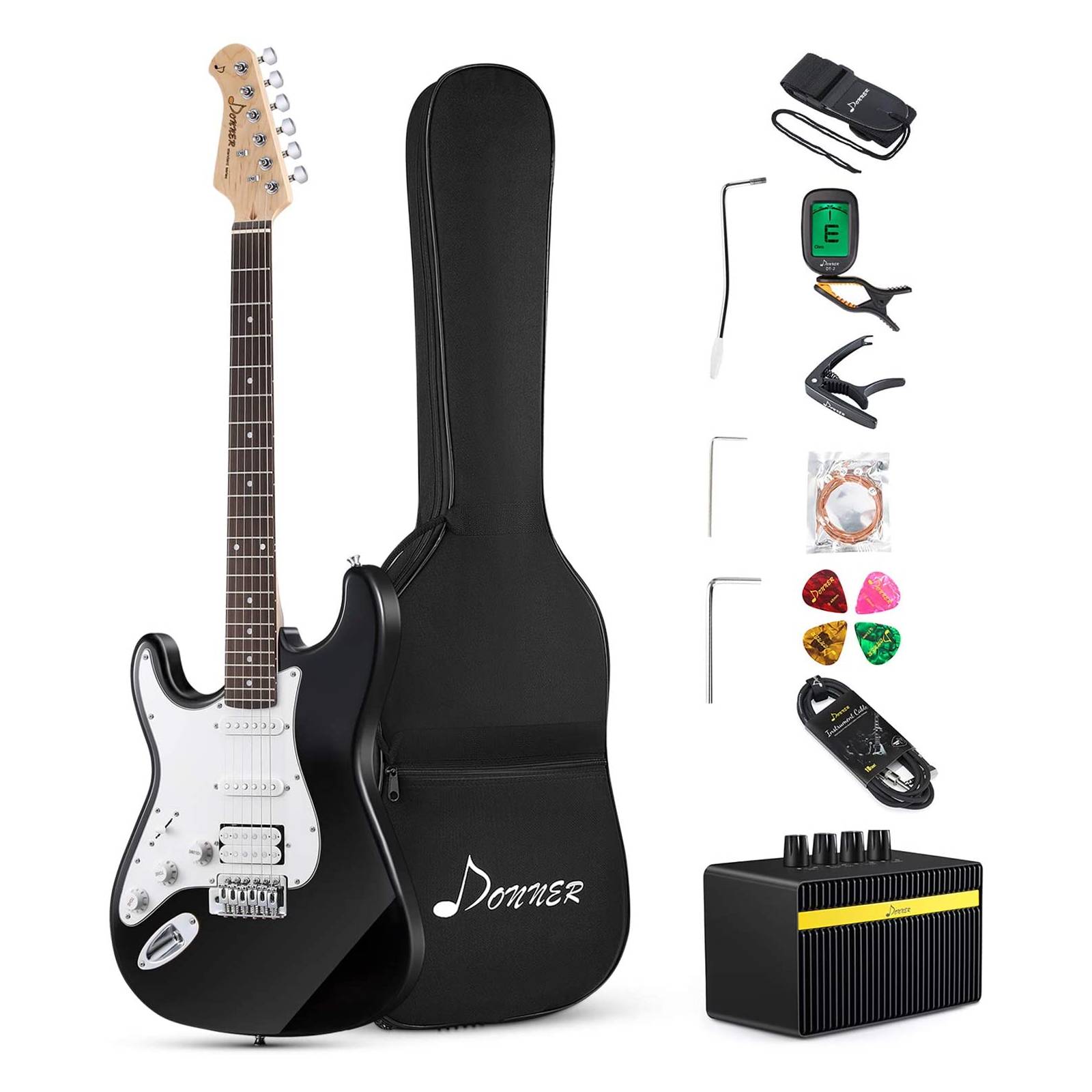 

Donner 39 Inch Left Handed Electric Guitar Beginner Kit Solid Body HSS Pick Up Black Full Size for Lefty Starter with Amplifier, Bag, Capo, Strap, String, Tuner, Cable, Picks,DST-1BL