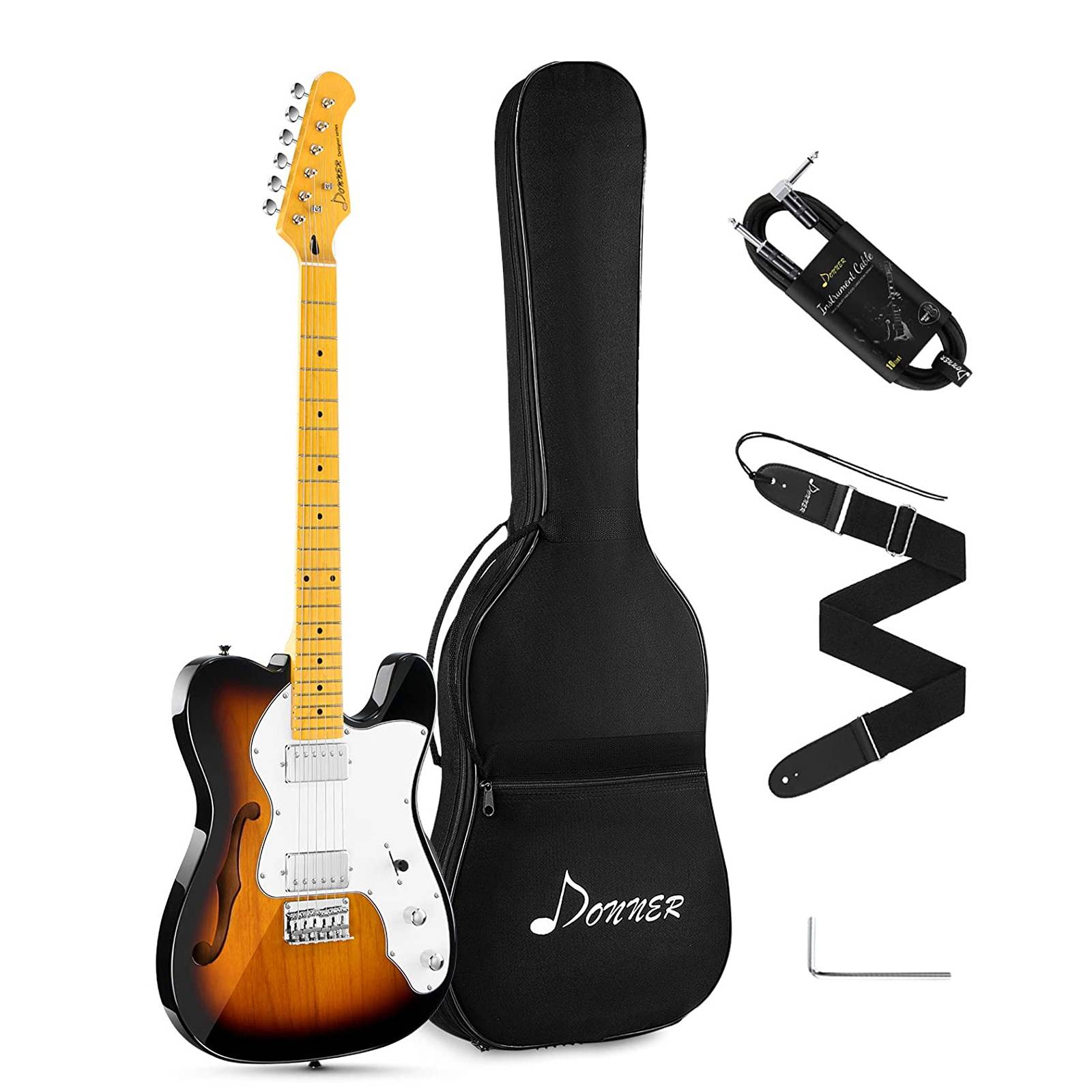 

Donner 39 Inch Jazz Electric Guitar TL Style F Hole Sunburst Beginner Full Size H-H Pickups with Bag, Strap, Cable,DJC-1000S