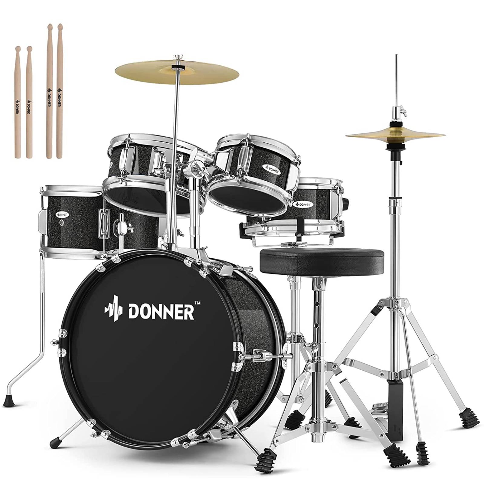 

Donner 14 inch 5-Piece Acoustic Complete Drum Set For Junior/Student with Adjustable Throne Cymbal Pedal Kit