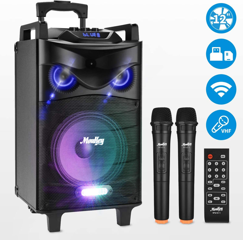 Moukey Bluetooth Karaoke Machine for Adults - Outdoor Karaoke Speaker with Wireless Microphone, 12" Subwoofer, DJ Lights (650W Peak Power - RMS 200W) MTs12-1