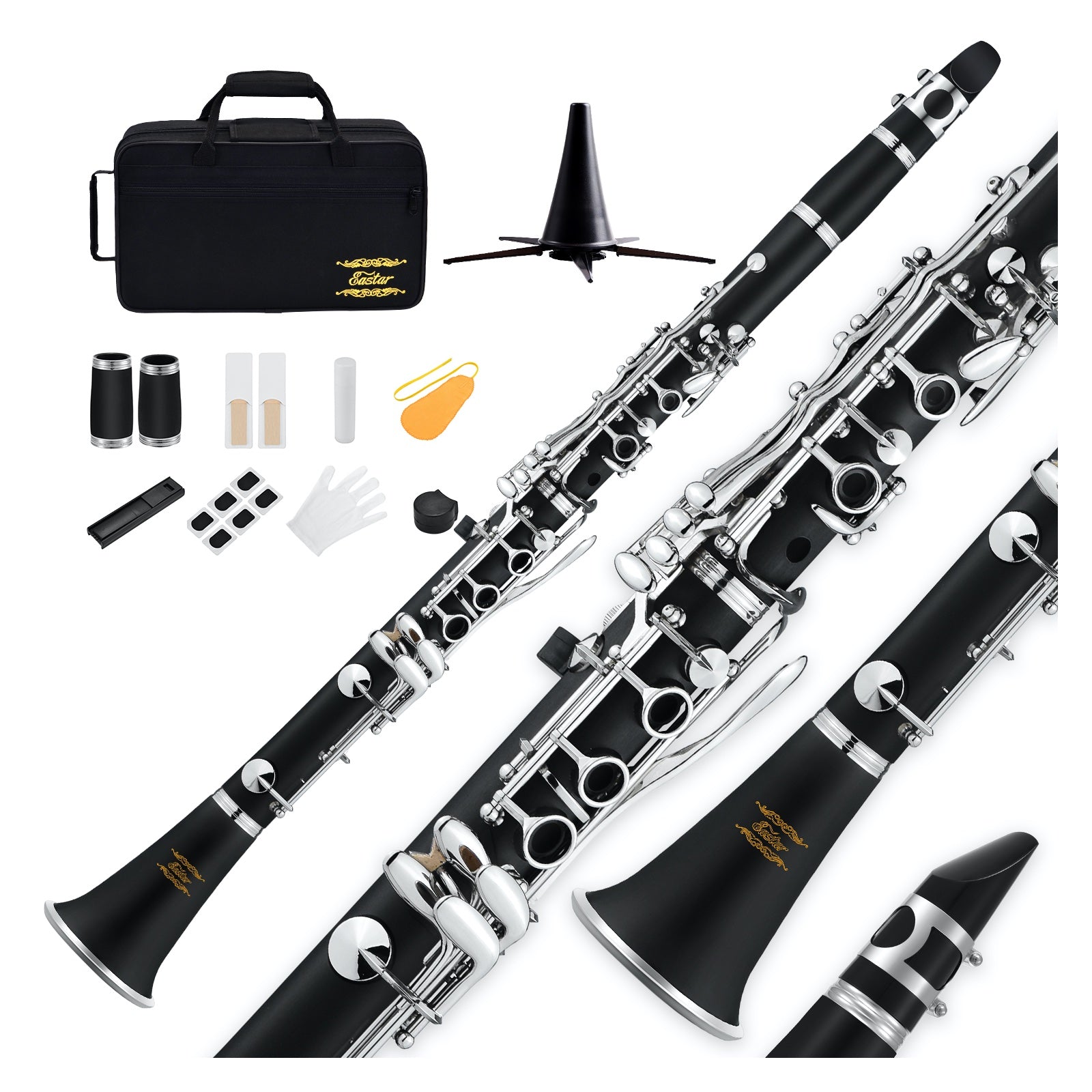 

Eastar ECL-300 B-Flat Clarinet for Beginners/Students with 4C Mouthpiece/3-Pack Practice Reeds 2.5"/Nylon Hard Case/Cleaning Kit/Black