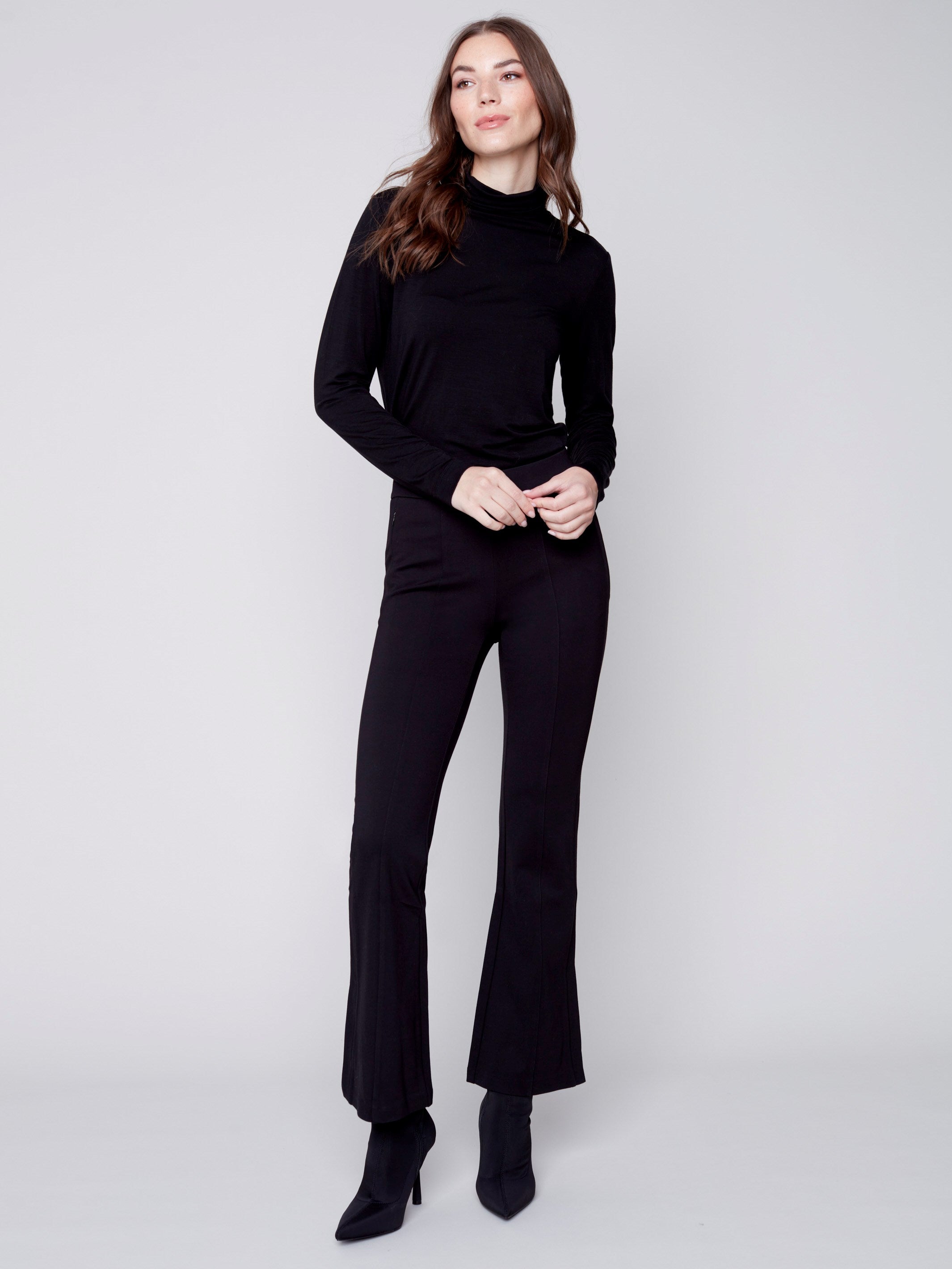 Stretchy Tencel Turtleneck Top for Women, Black