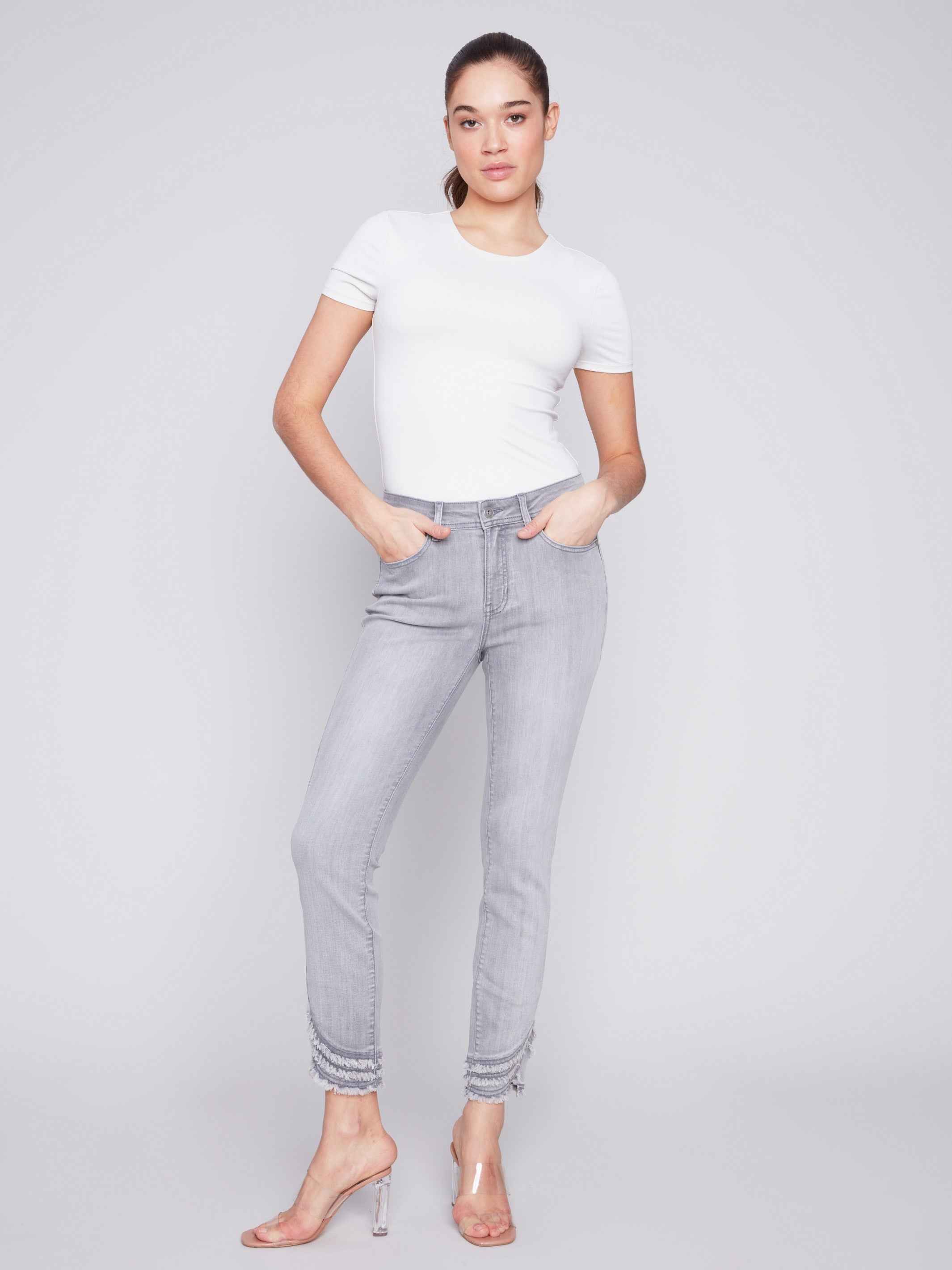 Frayed Hem Denim Pants for Women, Natural