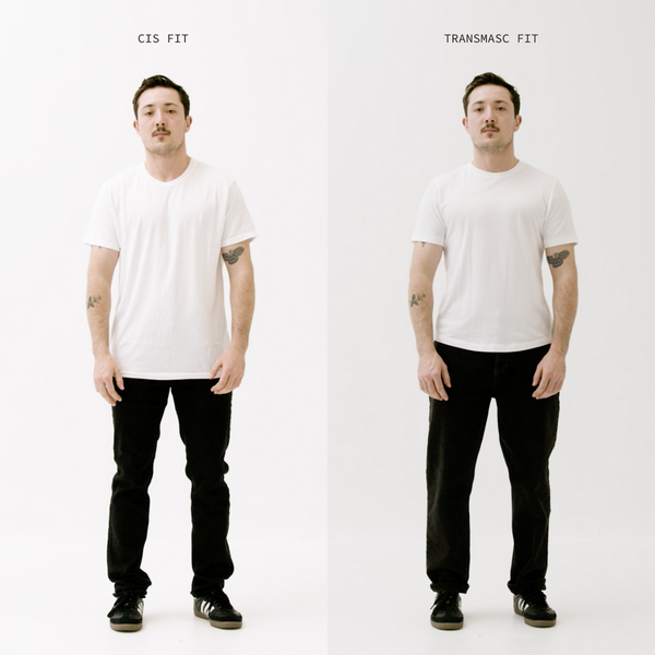 Comparison of the same model wearing a cis-fit shirt and a transmasc-fit shirt