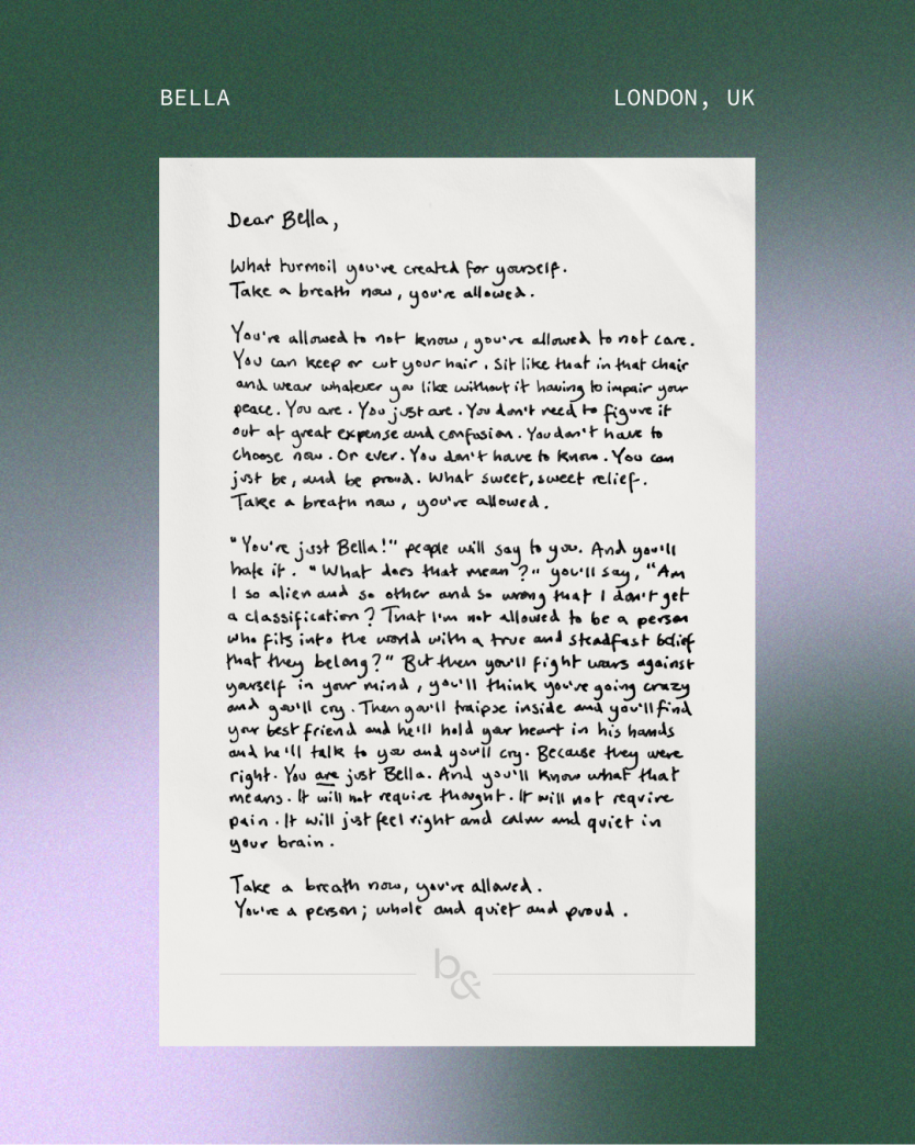 Hand-written letter to younger self by Bella Ramsey