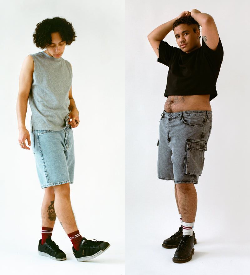 Ki denim shorts and Yuri denim cargo shorts