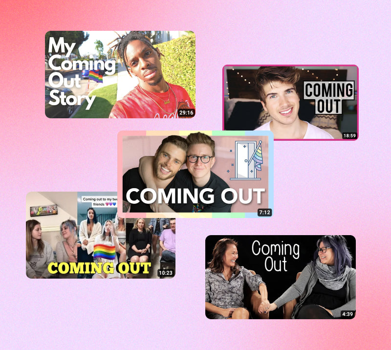 YouTube video thumbnails of different people coming out