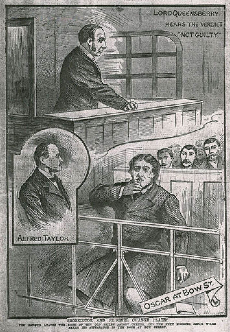 Illustration of Oscar Wilde on trial
