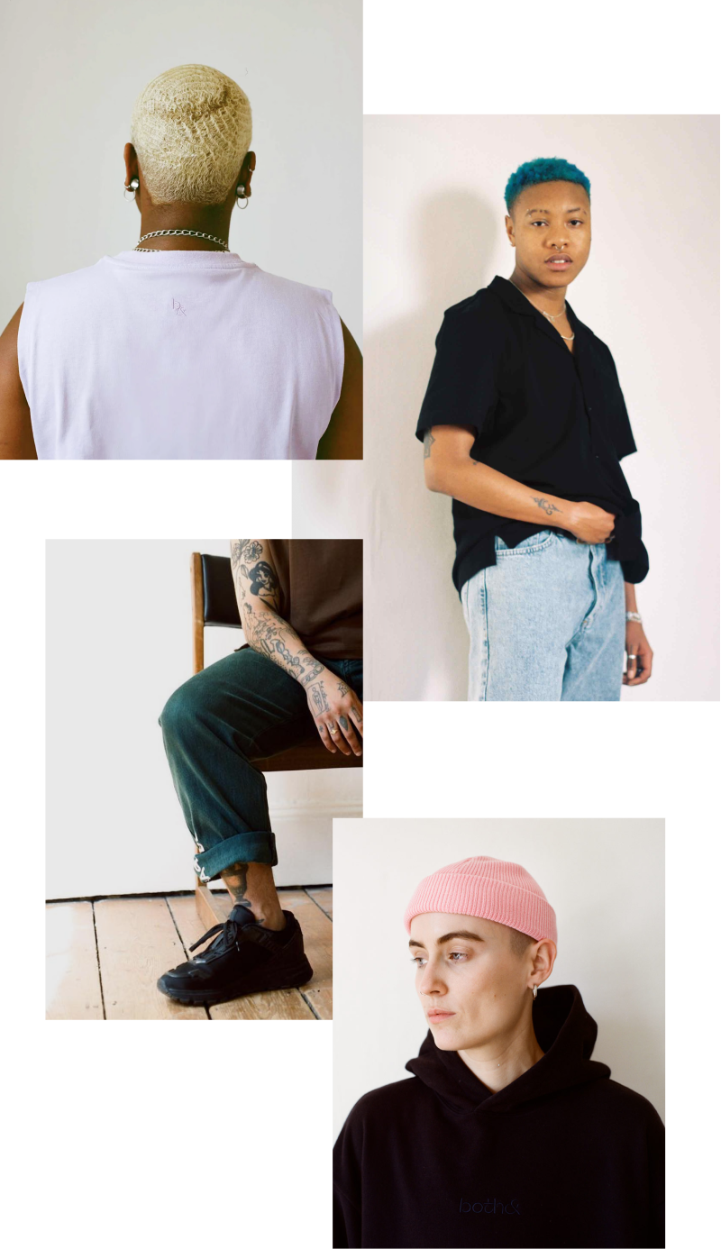4 images: Portrait of person wearing lilac Romeo tank from behind, Nonbinary person in black button down and denim, cropped image of a person sitting in cuffed dark jeans and black sneakers, portrait of nonbinary model in pink Ame beanie and black Elmo hoodie