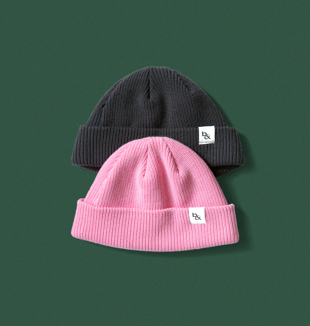 Ame bubblegum pink and charcoal beanies