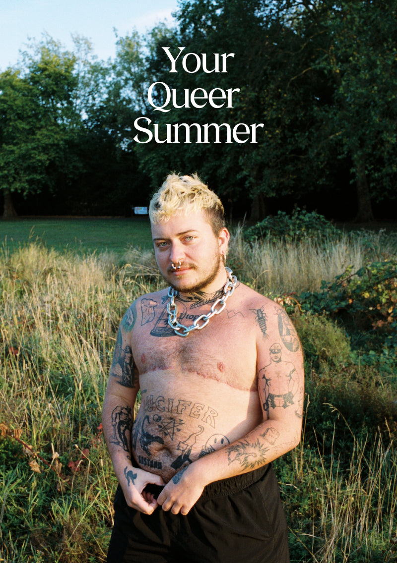 "Your Queer Summer", Transmasc model standing shirtless out in nature