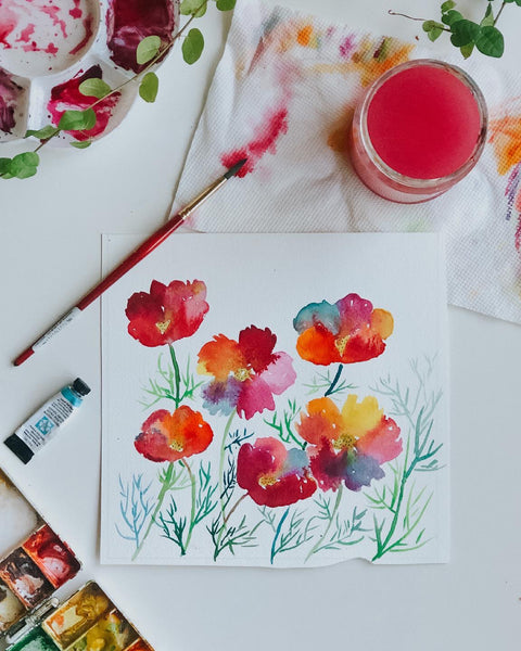 colorful cosmos flowers watercolor painting by artist jordan mcdowell