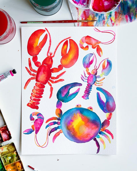 colorful watercolor lobsters and crabs painting by jordan mcdowell