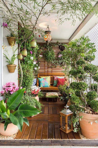boho chic balcony garden with plants and flowers