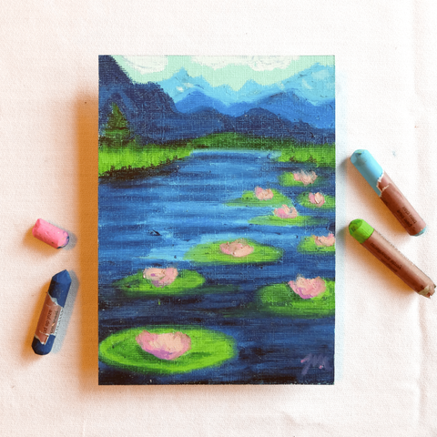 Original Mountain Lake Oil Pastel Painting Artist Jordan McDowell