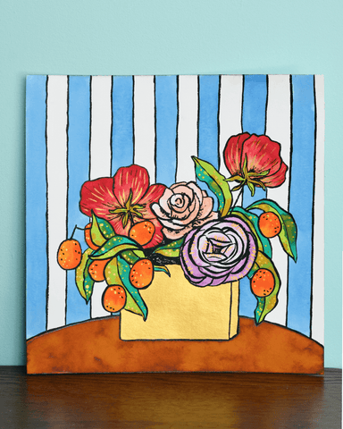 Tea Flowers Stripes with gold Fine Art Original Painting by Artist Jordan McDowell