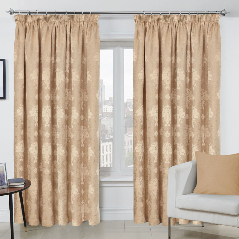 Jacquard Fully Lined Gold Pencil Pleat Curtains | Imperial Rooms